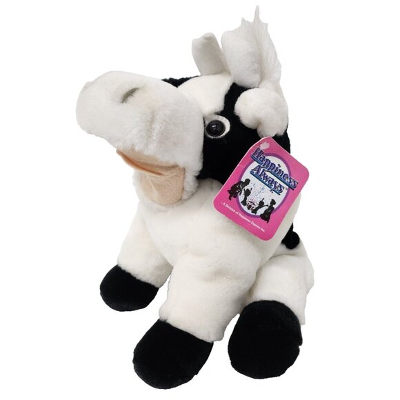 Vintage 1995 Black White Plush Soft Toy Cow Hand Puppet Happiness Always NEW - Picture 1 of 12